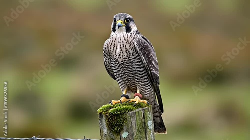 Peregrine falcon perched on a mossy wooden fence post