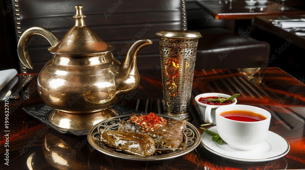Fototapeta premium Ornate teapot, food plate, tea cup, and decorative lamp on a patterned table setting