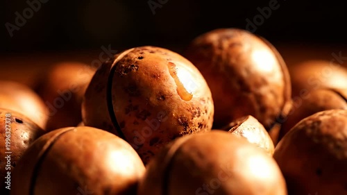 Roasted macadamia nuts in brown shells with cinematic lighting