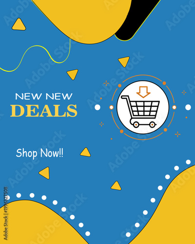 New Deals Sale Banner with Shopping Cart Icon, Online Store Promotion, Discount Offer, E-Commerce Marketing Vector Design Artwork
