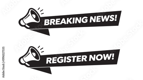 Breaking News Megaphone with Register Now Banner for Urgent Corporate Announcements and Events