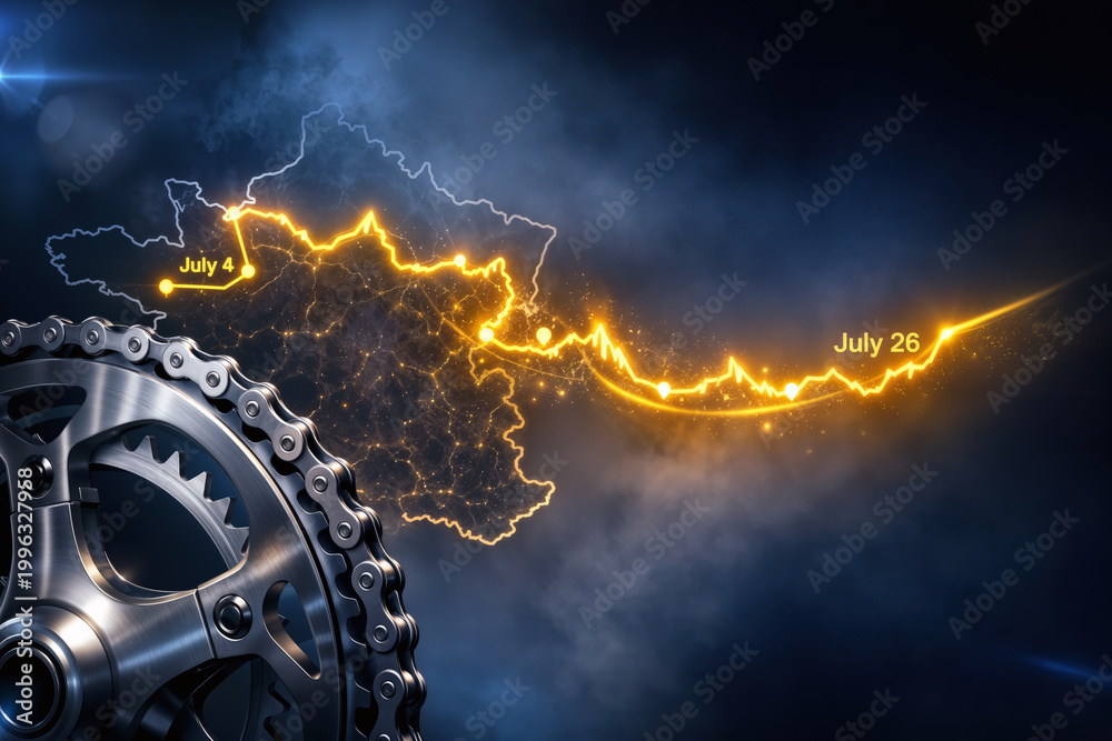 Obraz premium Tour de France route holographic golden ribbon with titanium bicycle chainring and chain July 4 to July 26 cycling race stage mountain endurance grand tour visual concept