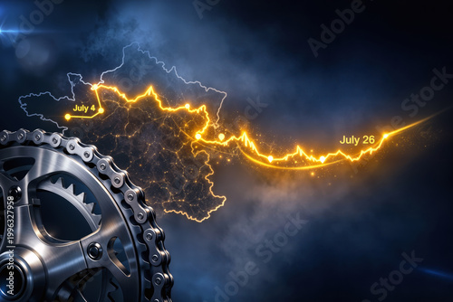 Tour de France route holographic golden ribbon with titanium bicycle chainring and chain July 4 to July 26 cycling race stage mountain endurance grand tour visual concept