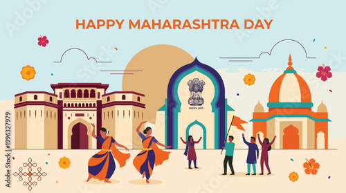 Happy Maharashtra Day Celebration With Traditional Dancers, Cultural Monuments And People Waving Flags