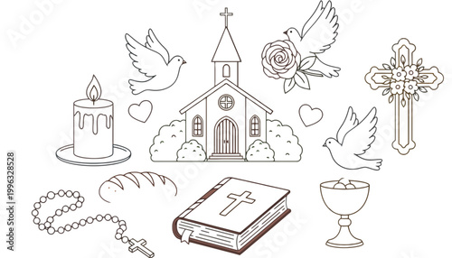 Church baptism icon set with religious symbols and objects
