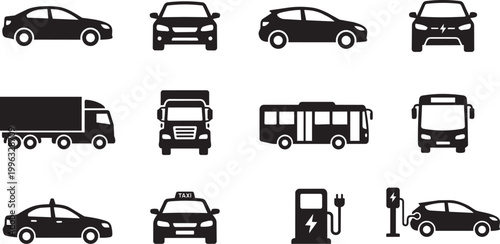 Vehicle icon set, car icons, transport icons, automobile icons, compact car icon, sedan icon front view, hatchback icon, coupe car icon, pickup truck icon, semi truck icon, transit bus icon, coach bus