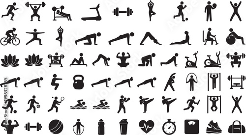 Fitness icon set, gym icons, workout icons, exercise icons, sports icons set, running icon, cycling icon, yoga icon, gym equipment icons, strength training icons, dumbbell icon, kettlebell icon, tread