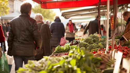 People browse fresh produce at an outdoor market under red awnings