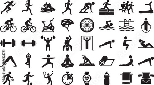 Sports icons set, fitness icons vector, athletic pictograms, running icon, sprinting icon, jogging icon, cycling icon, mountain biking icon, bicycle icon, helmet icon, swimming icon, diving icon, surf