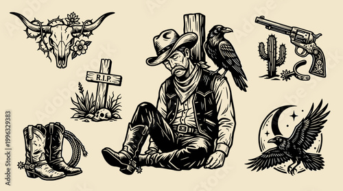 Dead Cowboy with Raven Illustration: Western Gothic Linocut Woodblock Vector Graphics Set