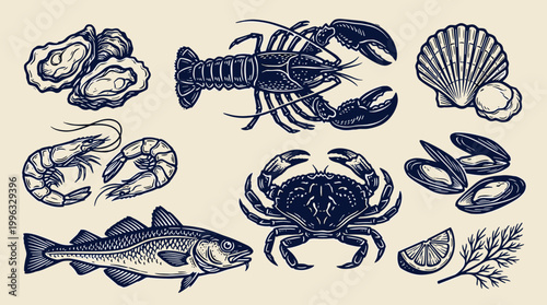 Lobster and Seafood Linocut Illustration Set: Professional Indigo Woodblock Graphics for Coastal Branding