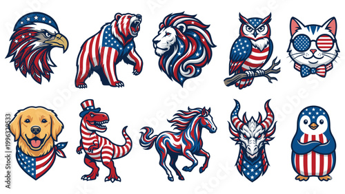 Patriotic animal head portraits set with american flag patterns for independence day decor.