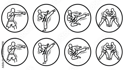 Martial arts sport glyph icon set. includes boxing, karate, kung fu and judo with circle frames.