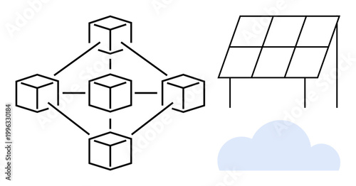 Blockchain, renewable energy, solar technology, green energy, cloud integration, decentralized systems. Black outline of a blockchain network, solar panel and cloud. Blockchain and renewable energy
