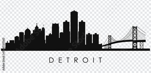 Black silhouette of detroit city skyline with bridge