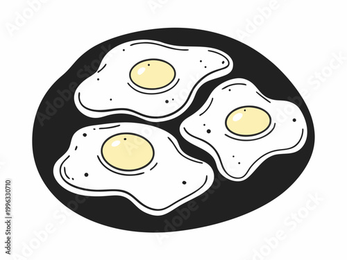 Three fried eggs arranged on round dark plate