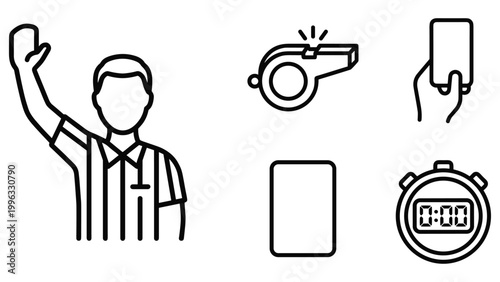 Referee and sports officiating icons set with whistle cards and timer for game matches.