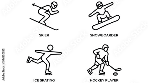 Skiing snowboarding ice skating hockey player set isolated on white background vector illustration.