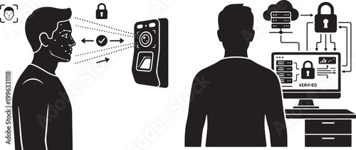 Advanced cyber security system featuring facial recognition scanning and encrypted data verification on computer servers for identity protection