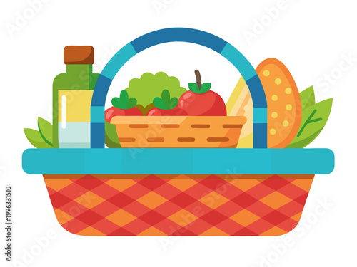 Picnic basket filled with groceries and bottle on white