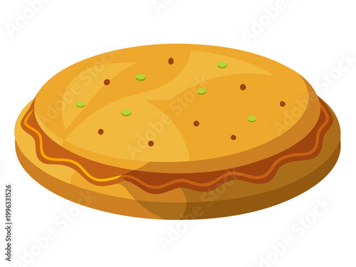 Round flatbread resting with filling on white background