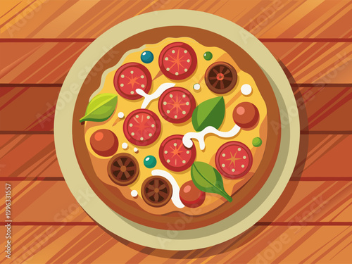 Pizza with toppings served on plate on wooden table