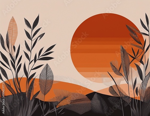 minimalist sunrise meadow boho abstract sun and leaves background design geometric minimalism landscape wallpaper nature shapes fine art print concept