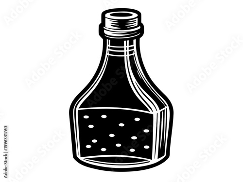 Glass bottle containing liquid condiment on white background