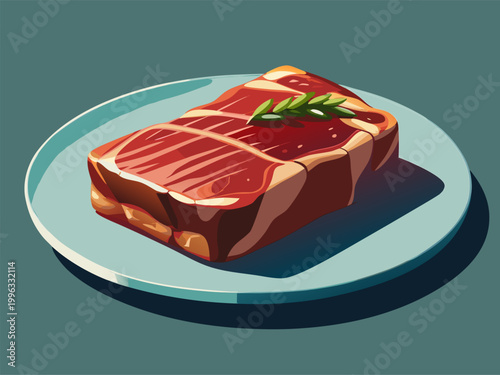 Raw steak topped with rosemary on round ceramic plate teal background