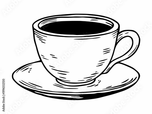 Coffee cup filled with dark liquid on white background