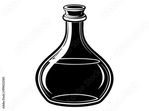 Glass decanter partially filled with liquid on white background