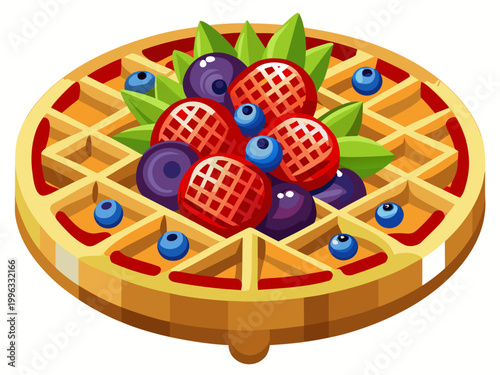 Waffle garnished with mixed berries and syrup on white background