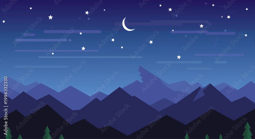 Fototapeta premium Moonlit mountain range under starry night sky silhouette
