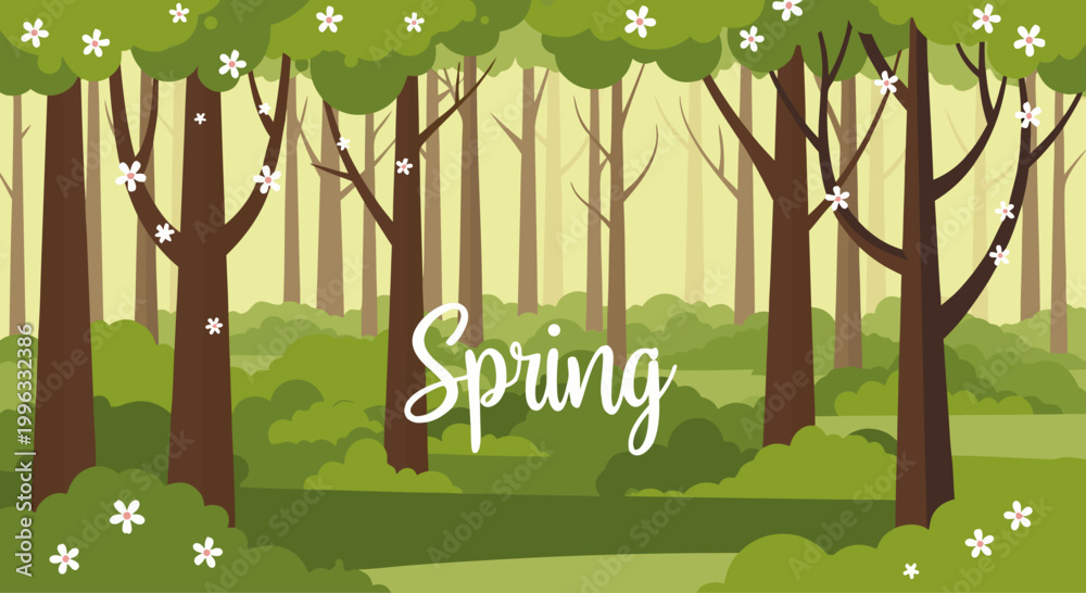 Fototapeta premium Spring forest with flowering trees and green undergrowth
