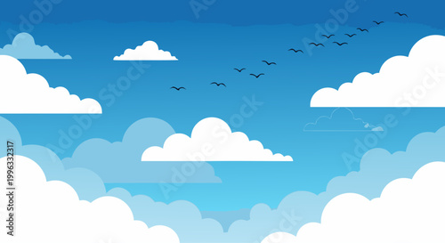 White clouds and birds across bright blue sky panorama