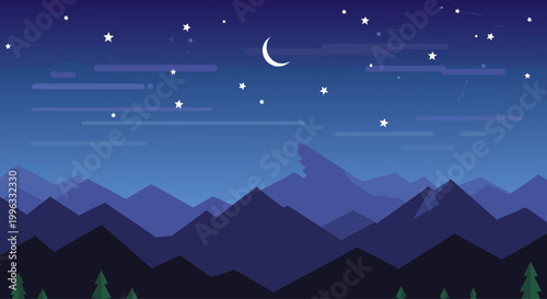 Moonlit mountain range under starry night sky silhouette