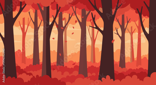 Forest trees with falling leaves in autumn woodland scene