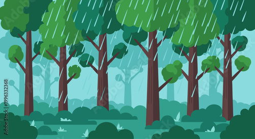 Forest with heavy rain and dense green tree canopy