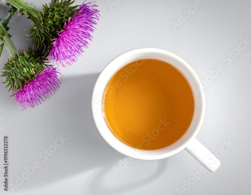 Milk Thistle Herbal Tea Flat Lay with Purple Flowers copy space Conceptual Clean Design AI Generated Digital Art