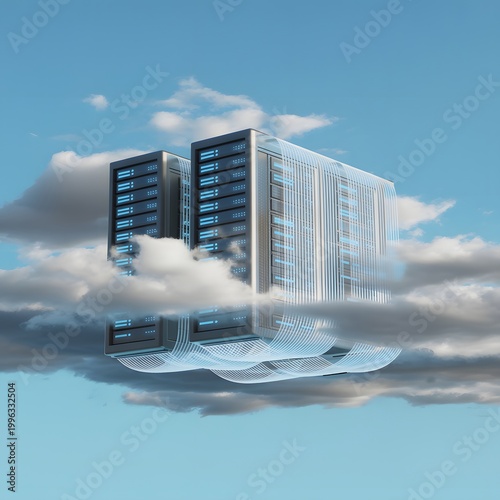 Modern servers and laptop in cloud background