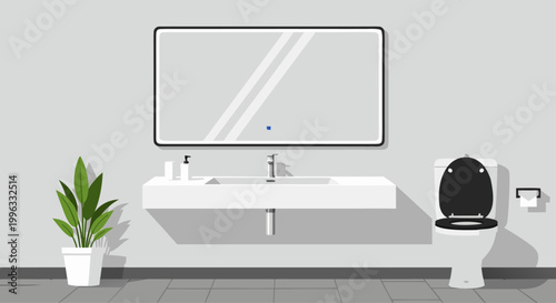 Mirror above sink with toilet and plant in bathroom