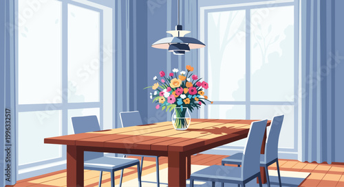 Dining table displaying vase of flowers in sunlit room