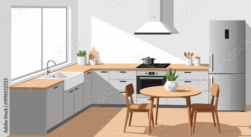 Modern kitchen with round dining table and appliances