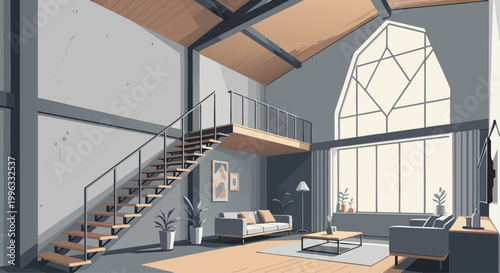 Loft living room with mezzanine stairs and large window
