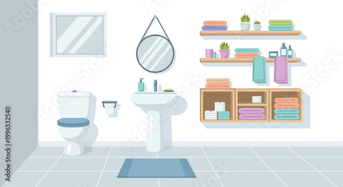 Bathroom sink and toilet with shelving and mirror interior