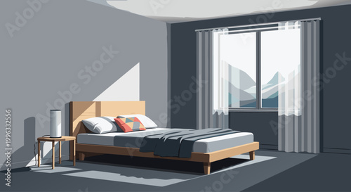 Bedroom with bed and nightstand illuminated by window light