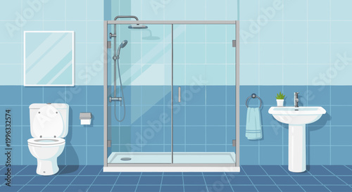 Bathroom fixtures arranged against blue tiled wall interior