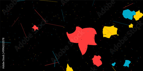 Dark Memphis abstract pattern, colorful organic shapes and dynamic lines on black background, retro geometric composition with scattered dots, modern creative vector design