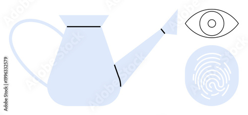 Growth ideas, irrigation, personal identity, security, biometrics, conceptual design. Minimalist watering can, eye and fingerprint elements. Growth ideas and personal identity concept