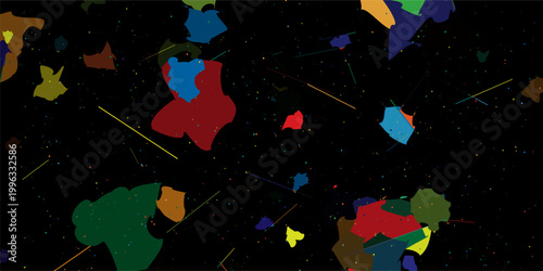 Dark Memphis style abstract pattern, colorful organic shapes on black background, retro geometric design with scattered dots and lines, modern vector illustration